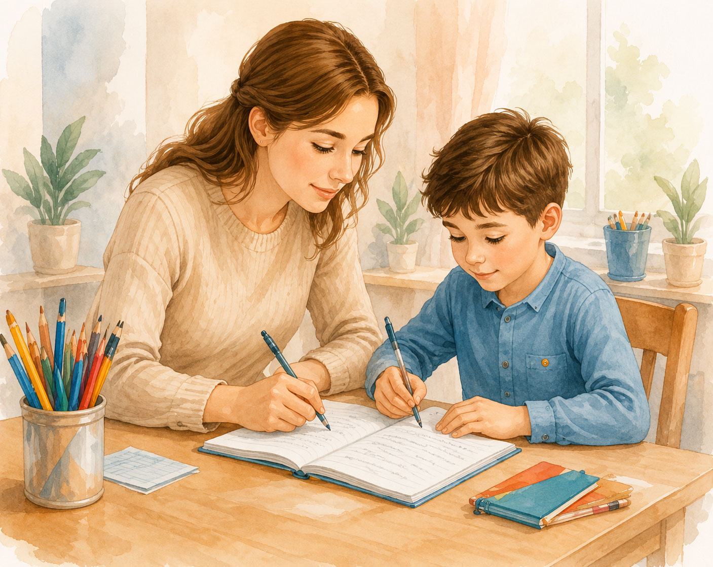 Illustration aquarelle des solutions d'accompagnement pour un enfant TDAH