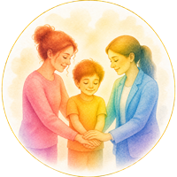 TCC-equipe Icône aquarelle illustrant le travail conjoint enfant-parents en TCC