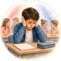 TSA-Primaire Icône aquarelle illustrant les signes de TSA à l'école primaire